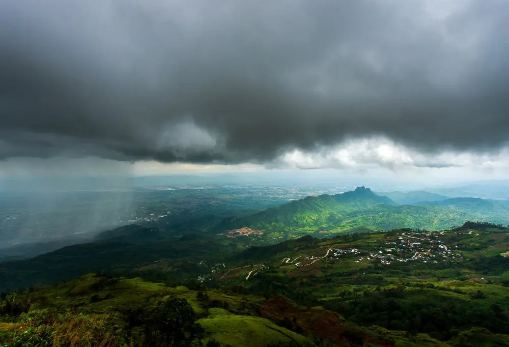 Monsoon scenery in Munnar with lush green tea plantations and misty hills